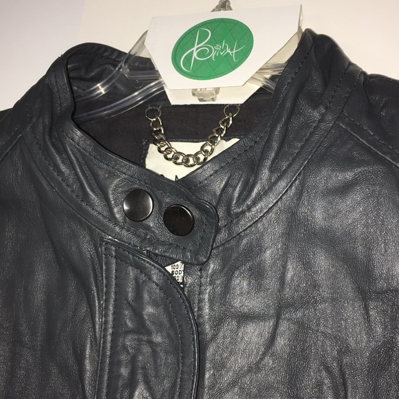 BB Dakota Blue/Gray Leather Moto Jacket, Size L - Picture 2 of 13